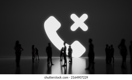 3d rendering blured people in front of big white symbol of headphone with delete cross with subtle back light and glow with floor reflection