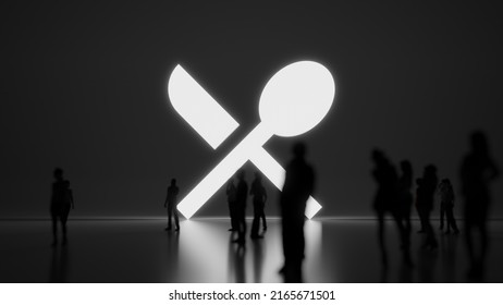 3d rendering blured people in front of big white symbol of cross from spoon and knife with subtle back light and glow with floor reflection