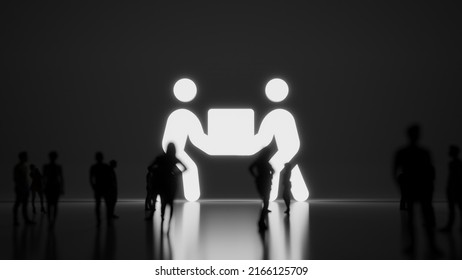 3d Rendering Blured People In Front Of Big White Symbol Of Two People Carry Box With Subtle Back Light And Glow With Floor Reflection