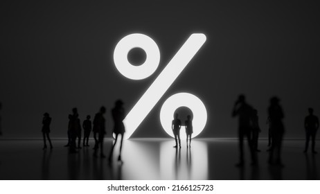 3d rendering blured people in front of big white symbol of percentage symbol with subtle back light and glow with floor reflection