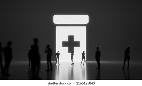 3d rendering blured people in front of big white symbol of medicament bottle with cross with subtle back light and glow with floor reflection