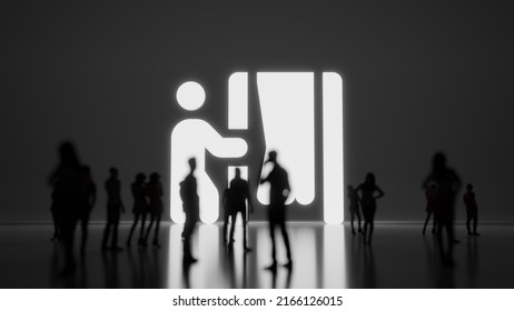 3d rendering blured people in front of big white symbol of person and cabin with curtain with subtle back light and glow with floor reflection
