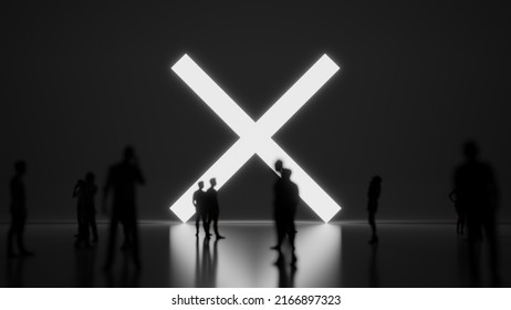 3d rendering blured people in front of big white symbol of cancel cross with subtle back light and glow with floor reflection