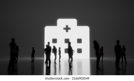 3d rendering blured people in front of big white symbol of hospital building with cross with subtle back light and glow with floor reflection