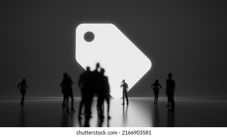 3d Rendering Blured People In Front Of Big White Symbol Of Label With Holding Hole With Subtle Back Light And Glow With Floor Reflection