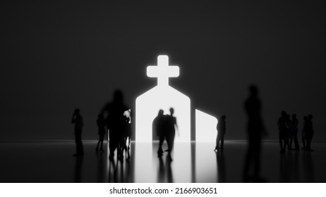 3d rendering blured people in front of big white symbol of church with central part with cross on top with subtle back light and glow with floor reflection