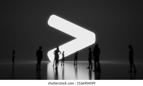 3d rendering blured people in front of big white symbol of greater than symbol with subtle back light and glow with floor reflection