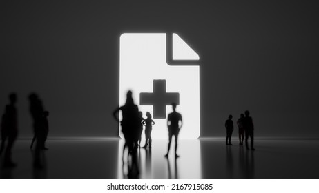 3d rendering blured people in front of big white symbol of paper with bent corner and cross symbol with subtle back light and glow with floor reflection