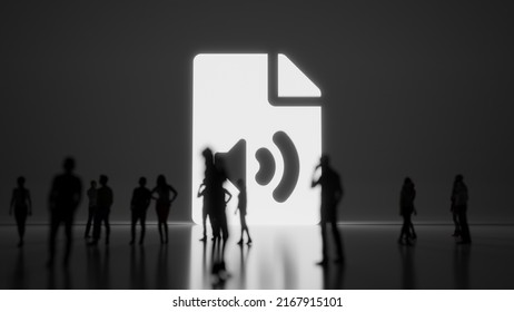 3d rendering blured people in front of big white symbol of paper with bent corner and sound symbol with subtle back light and glow with floor reflection