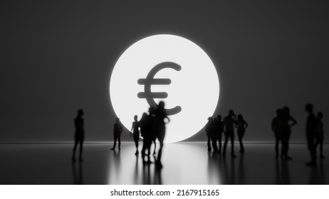 3d rendering blured people in front of big white symbol of euro coin with subtle back light and glow with floor reflection