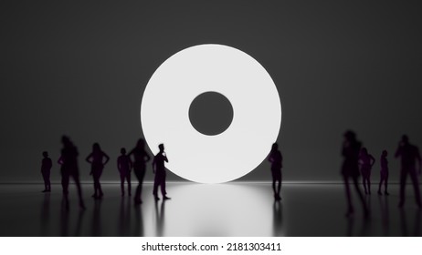 3d Rendering Blured People In Front Of Big White Symbol Of Circle With Hole In The Middle With Subtle Back Light And Glow With Floor Reflection