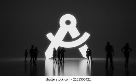 3d Rendering Blured People In Front Of Big White Symbol Of Drafting Compass With Hole In Hinge With Subtle Back Light And Glow With Floor Reflection