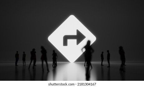 3d Rendering Blured People In Front Of Big White Symbol Of Lozenge Traffic Sign With Right Arrow With Subtle Back Light And Glow With Floor Reflection