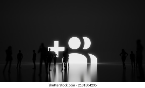 3d Rendering Blured People In Front Of Big White Symbol Of Create Group Of Two People And Plus Symbol With Subtle Back Light And Glow With Floor Reflection