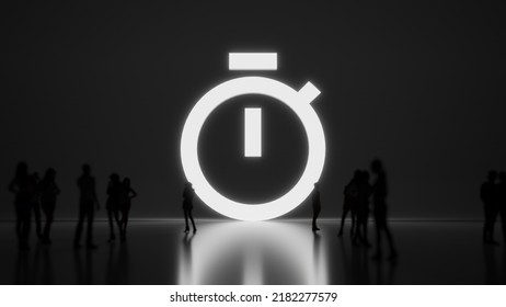 3d rendering blured people in front of big white symbol of stopwatch with subtle back light and glow with floor reflection