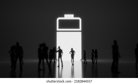 3d Rendering Blured People In Front Of Big White Vertical Symbol Of Two Third Charged Battery With Subtle Back Light And Glow With Floor Reflection