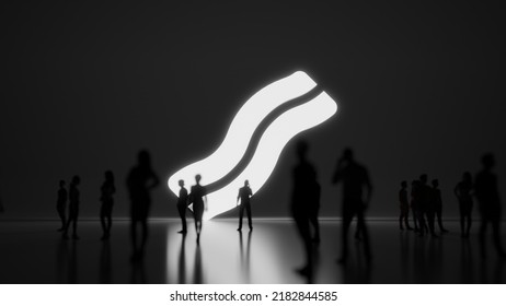 3d Rendering Blured People In Front Of Big White Symbol Of Two Slices Bacon With Subtle Back Light And Glow With Floor Reflection