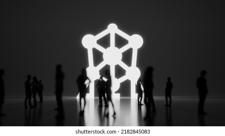 3d rendering blured people in front of big white symbol of atomium landmark building with subtle back light and glow with floor reflection
