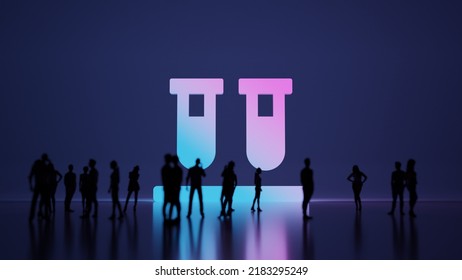 3d Rendering Blured People In Front Of Big White Symbol Of Two Chemical Tubes With Subtle Back Light And Glow With Floor Reflection