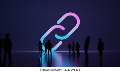 3d Rendering Blured People In Front Of Big White Symbol Of Two Thin Chain Links With Subtle Back Light And Glow With Floor Reflection