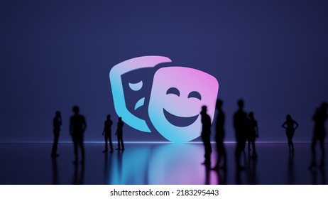 3d rendering blured people in front of big white symbol of theater masks with subtle back light and glow with floor reflection