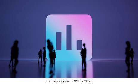 3d Rendering Blured People In Front Of Big White Symbol Of Rounded Square App Icon With Three Vertical Graph Bars With Subtle Back Light And Glow With Floor Reflection