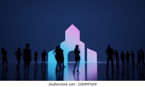 3d rendering blured people in front of big white symbol of monastery building with subtle back light and glow with floor reflection