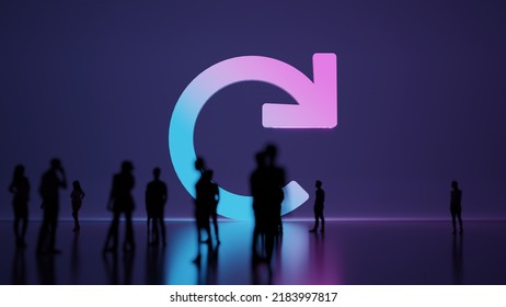 3d Rendering Blured People In Front Of Big White Symbol Of Redo Circle Arrow With Subtle Back Light And Glow With Floor Reflection