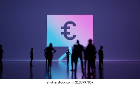3d rendering blured people in front of big white symbol of presentation board with euro sign with subtle back light and glow with floor reflection
