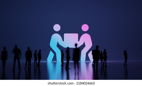 3d Rendering Blured People In Front Of Big White Symbol Of Two People Carry Box With Subtle Back Light And Glow With Floor Reflection