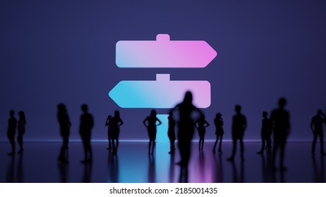 3d Rendering Blured People In Front Of Big White Symbol Of Two Map Signs On Stick With Subtle Back Light And Glow With Floor Reflection