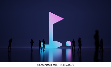 3d Rendering Blured People In Front Of Big White Symbol Of Golf Hole With Flag And Ball With Subtle Back Light And Glow With Floor Reflection