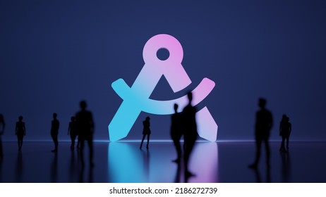 3d Rendering Blured People In Front Of Big White Symbol Of Drafting Compass With Hole In Hinge With Subtle Back Light And Glow With Floor Reflection