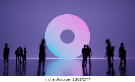 3d Rendering Blured People In Front Of Big White Symbol Of Circle With Hole In The Middle With Subtle Back Light And Glow With Floor Reflection