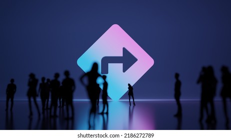 3d Rendering Blured People In Front Of Big White Symbol Of Lozenge Traffic Sign With Right Arrow With Subtle Back Light And Glow With Floor Reflection