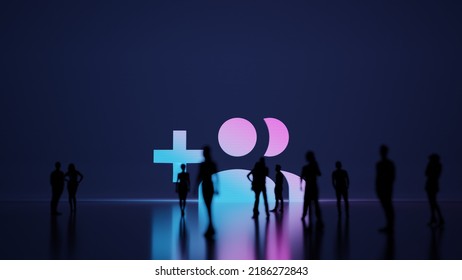 3d Rendering Blured People In Front Of Big White Symbol Of Create Group Of Two People And Plus Symbol With Subtle Back Light And Glow With Floor Reflection