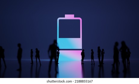 3d Rendering Blured People In Front Of Big White Vertical Symbol Of Half Charged Two Pieces Battery With Subtle Back Light And Glow With Floor Reflection
