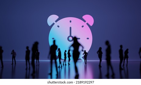 3d Rendering Blured People In Front Of Big White Symbol Of Alarm Clock With Two Bells And Thin Clock Hands With Subtle Back Light And Glow With Floor Reflection