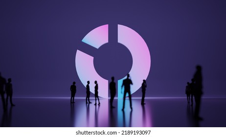 3d Rendering Blured People In Front Of Big White Symbol Of Pie Chart With Two Slices With Subtle Back Light And Glow With Floor Reflection