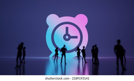 3d Rendering Blured People In Front Of Big White Symbol Of Alarm Clock With Two Bells And Thick Clock Hands With Subtle Back Light And Glow With Floor Reflection