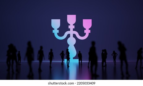 3d Rendering Blured People In Front Of Big White Symbol Of Vintage Candelabra For Candles With Subtle Back Light And Glow With Floor Reflection