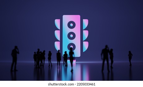 3d rendering blured people in front of big white symbol of traffic lights with subtle back light and glow with floor reflection