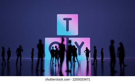 3d rendering blured people in front of big white symbol of toy dice for children with subtle back light and glow with floor reflection