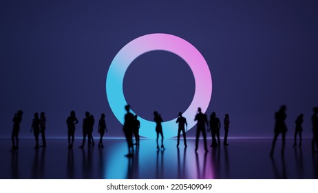 3d Rendering Blured People In Front Of Big White Symbol Of Oxygen Symbol Round With Subtle Back Light And Glow With Floor Reflection