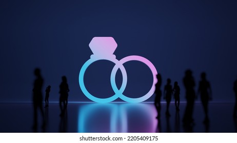 3d Rendering Blured People In Front Of Big White Symbol Of Two Proposal Rings With Subtle Back Light And Glow With Floor Reflection
