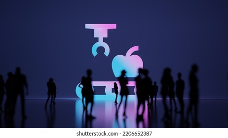 3d rendering blured people in front of big white symbol of mechanical arm with apple with subtle back light and glow with floor reflection