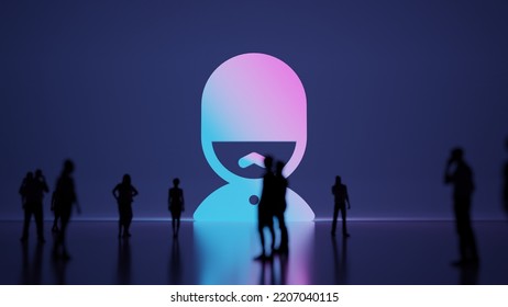 3d Rendering Blured People In Front Of Big White Symbol Of English Man Person With Subtle Back Light And Glow With Floor Reflection