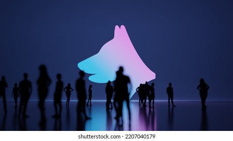 3d Rendering Blured People In Front Of Big White Symbol Of Dog Head With Subtle Back Light And Glow With Floor Reflection