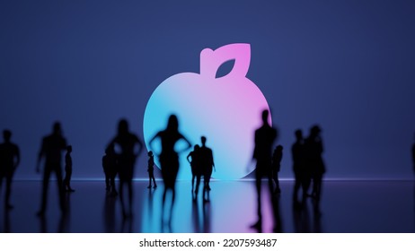 3d rendering blured people in front of big white symbol of apple with leaf with subtle back light and glow with floor reflection