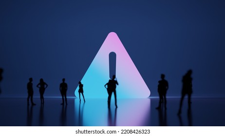 3d rendering blured people in front of big white symbol of exclamation sign in triangle with subtle back light and glow with floor reflection